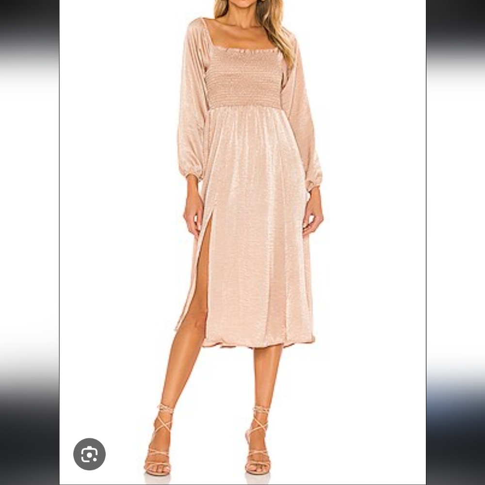 RESA Emma Dress In Taupe Satin Long Sleeve Midi Dress Rare | XS | NWOT